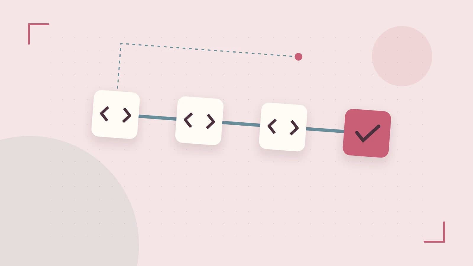 Editorial illustration of a branching build pipeline, staged transformations and a completed check