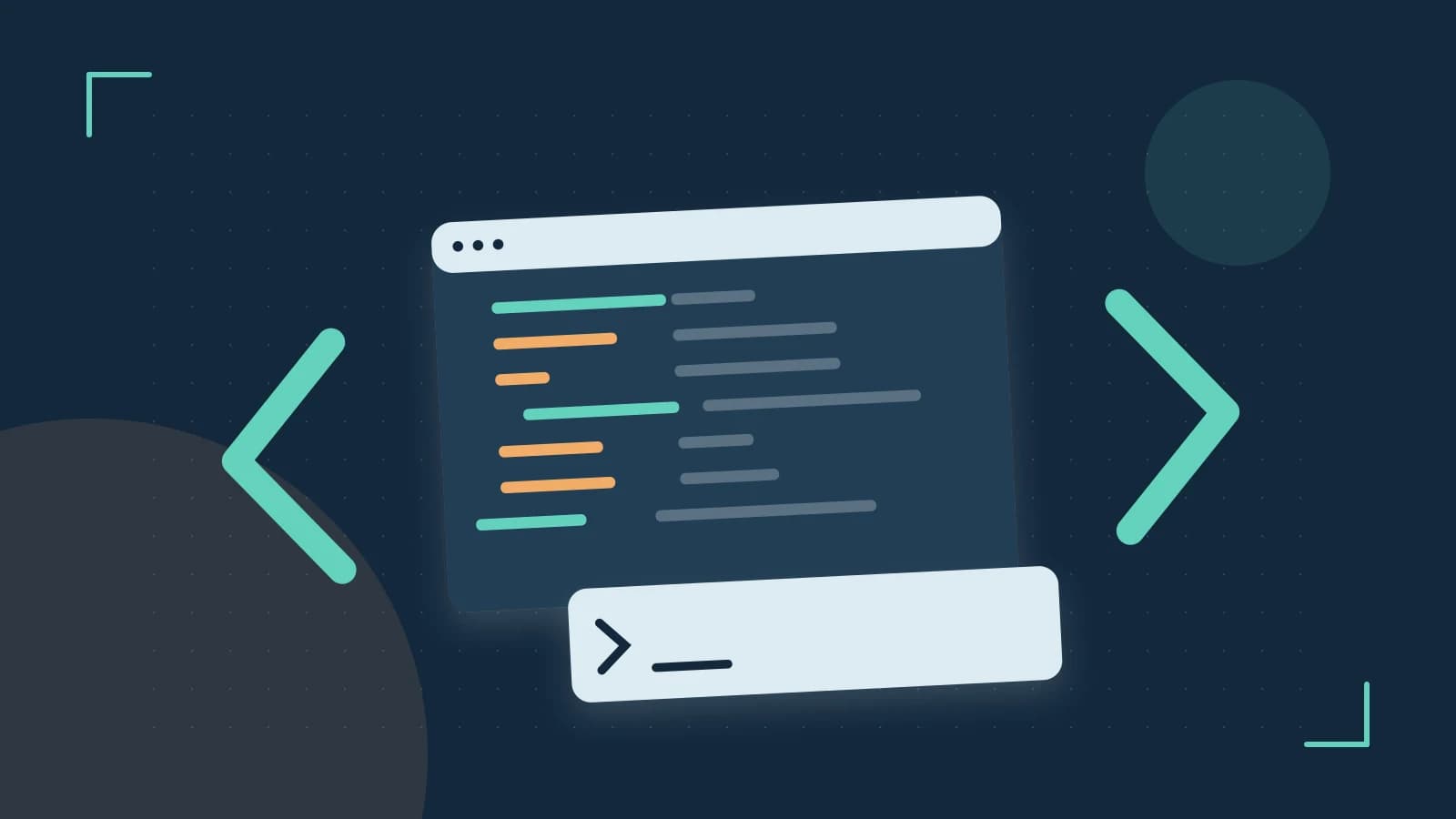 Editorial illustration of an abstract code editor, syntax blocks and oversized programming brackets