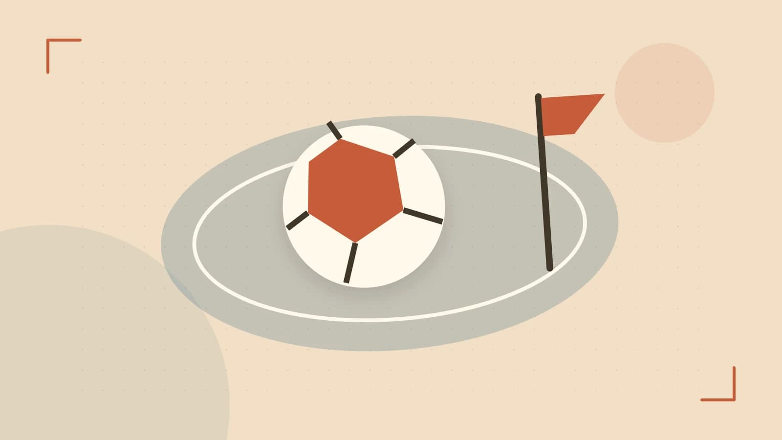 Editorial illustration of a stylized sports ball, stadium geometry and dynamic arcs