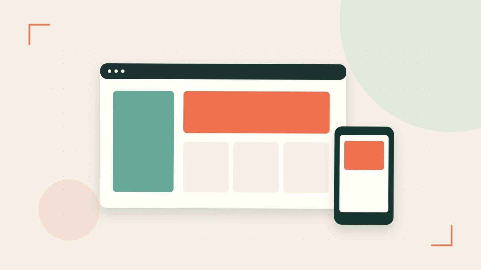 Editorial illustration of responsive browser layouts, overlapping design components and a color system
