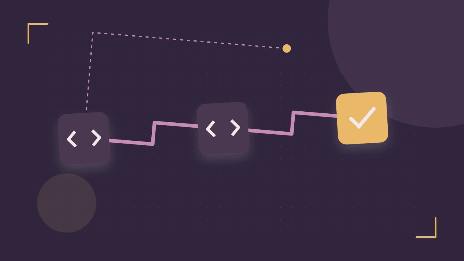 Editorial illustration of a branching build pipeline, staged transformations and a completed check