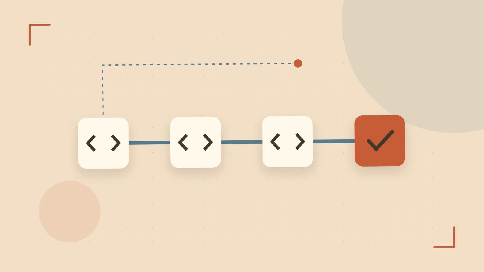 Editorial illustration of a branching build pipeline, staged transformations and a completed check