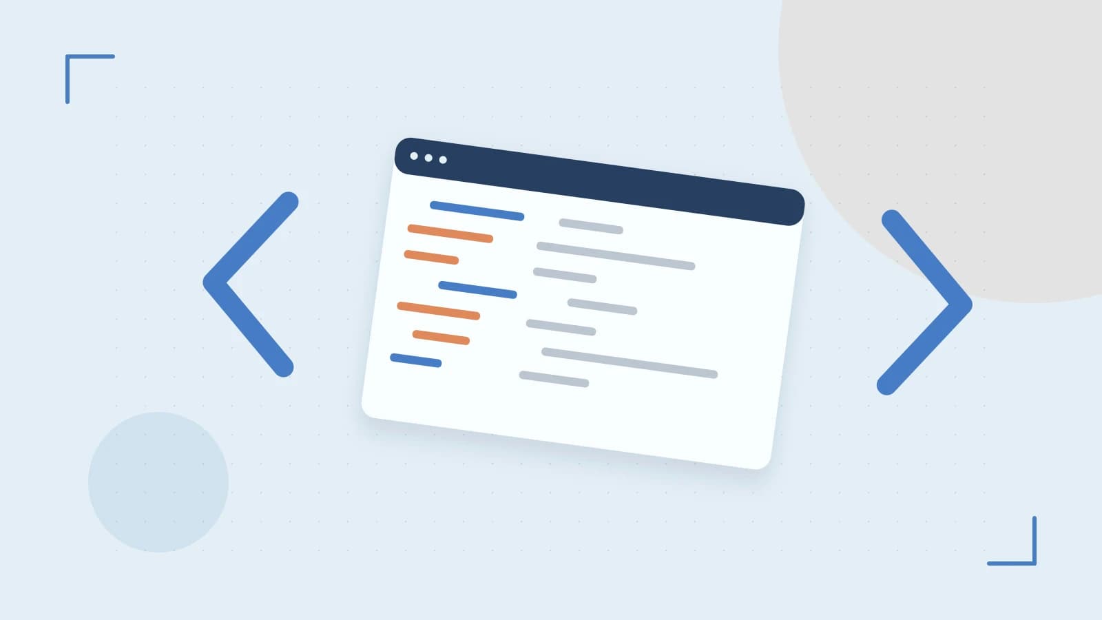 Editorial illustration of an abstract code editor, syntax blocks and oversized programming brackets