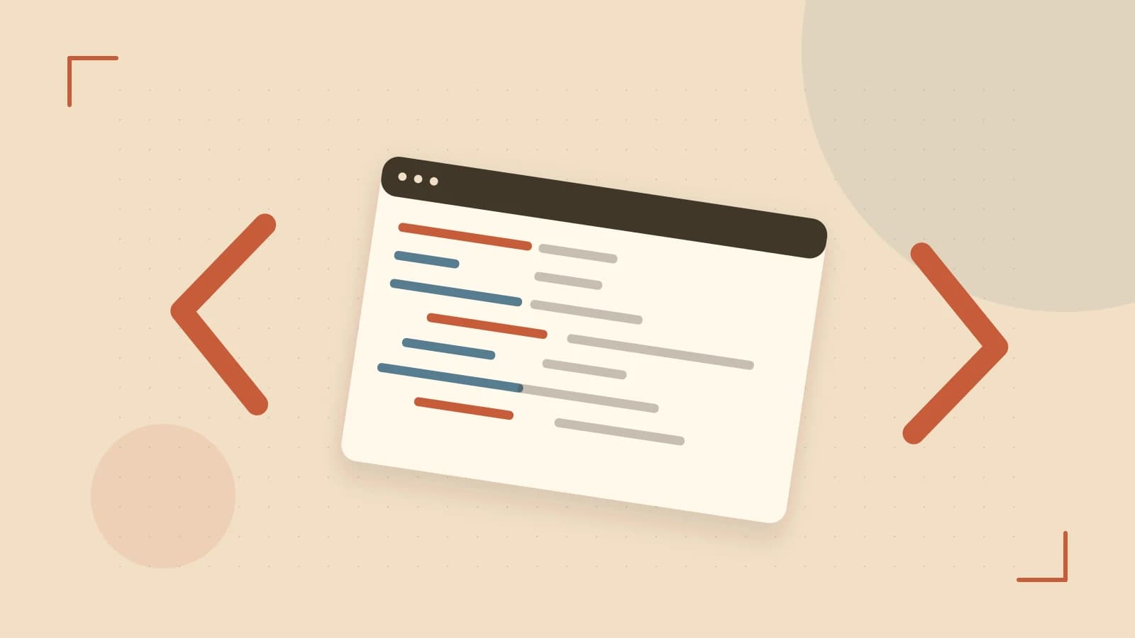 Editorial illustration of an abstract code editor, syntax blocks and oversized programming brackets