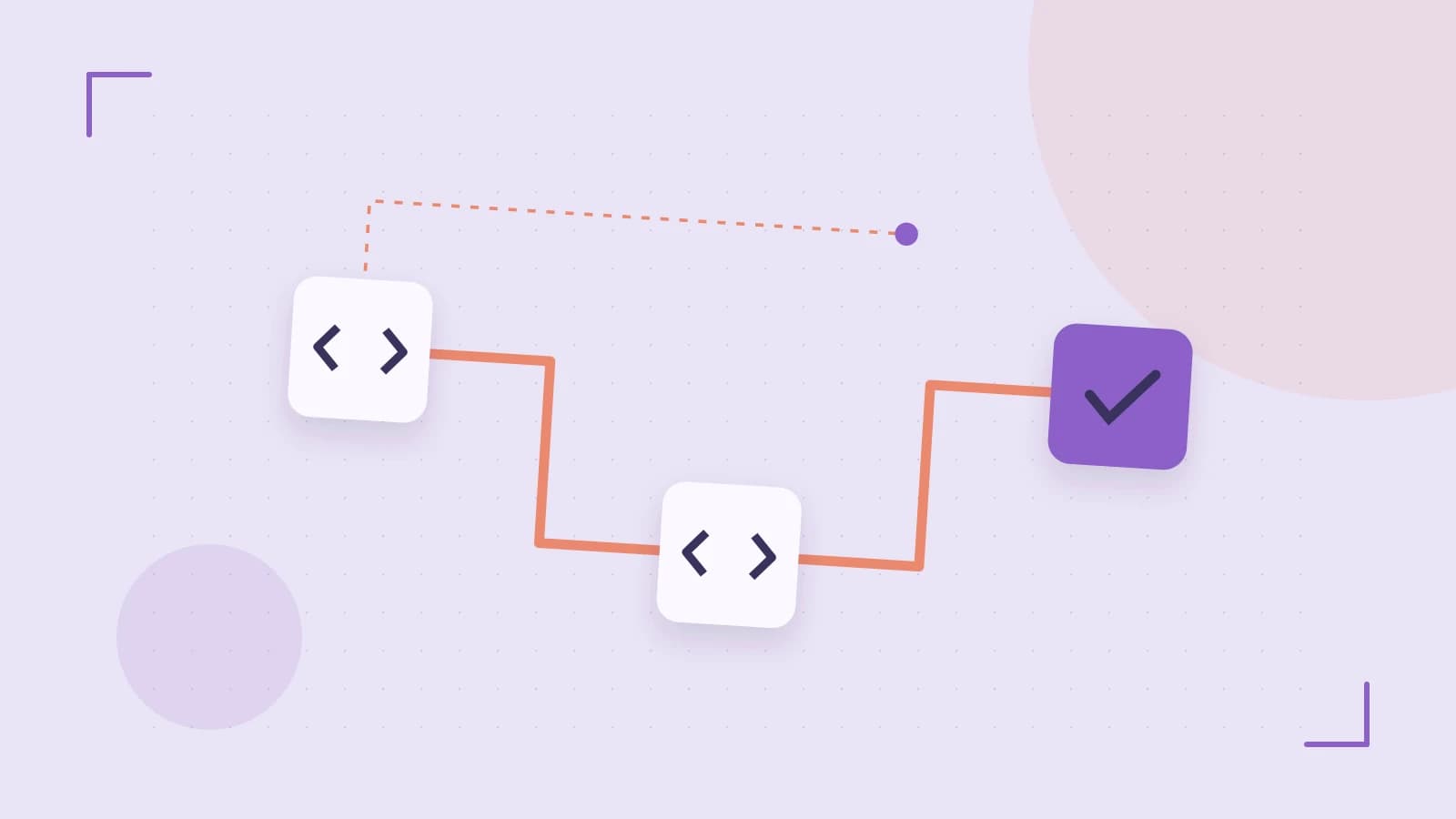 Editorial illustration of a branching build pipeline, staged transformations and a completed check