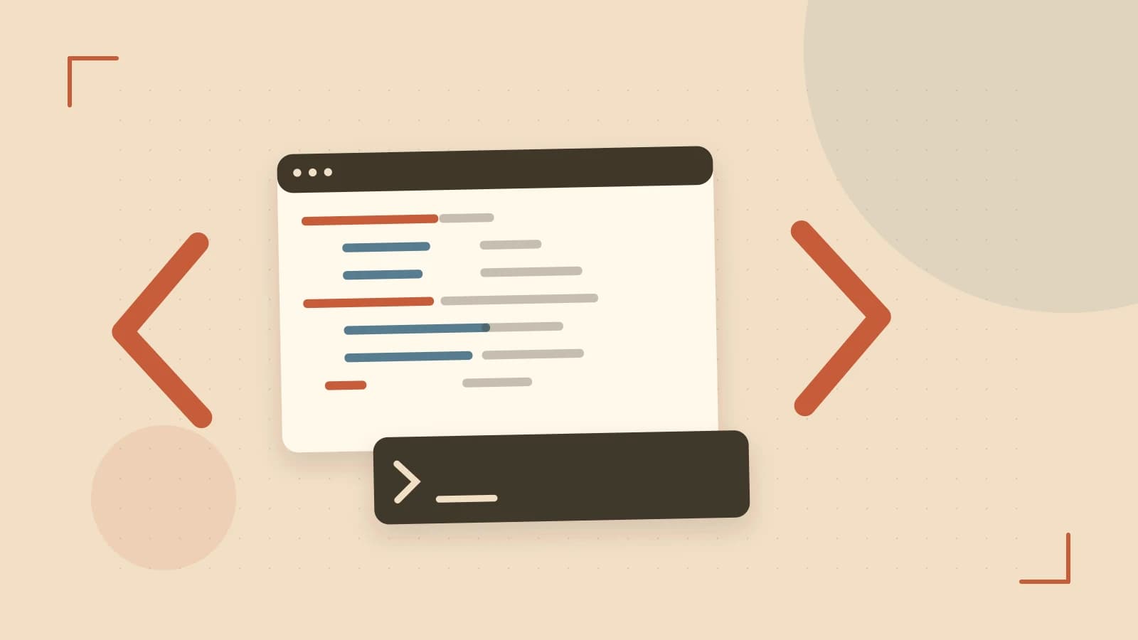 Editorial illustration of an abstract code editor, syntax blocks and oversized programming brackets
