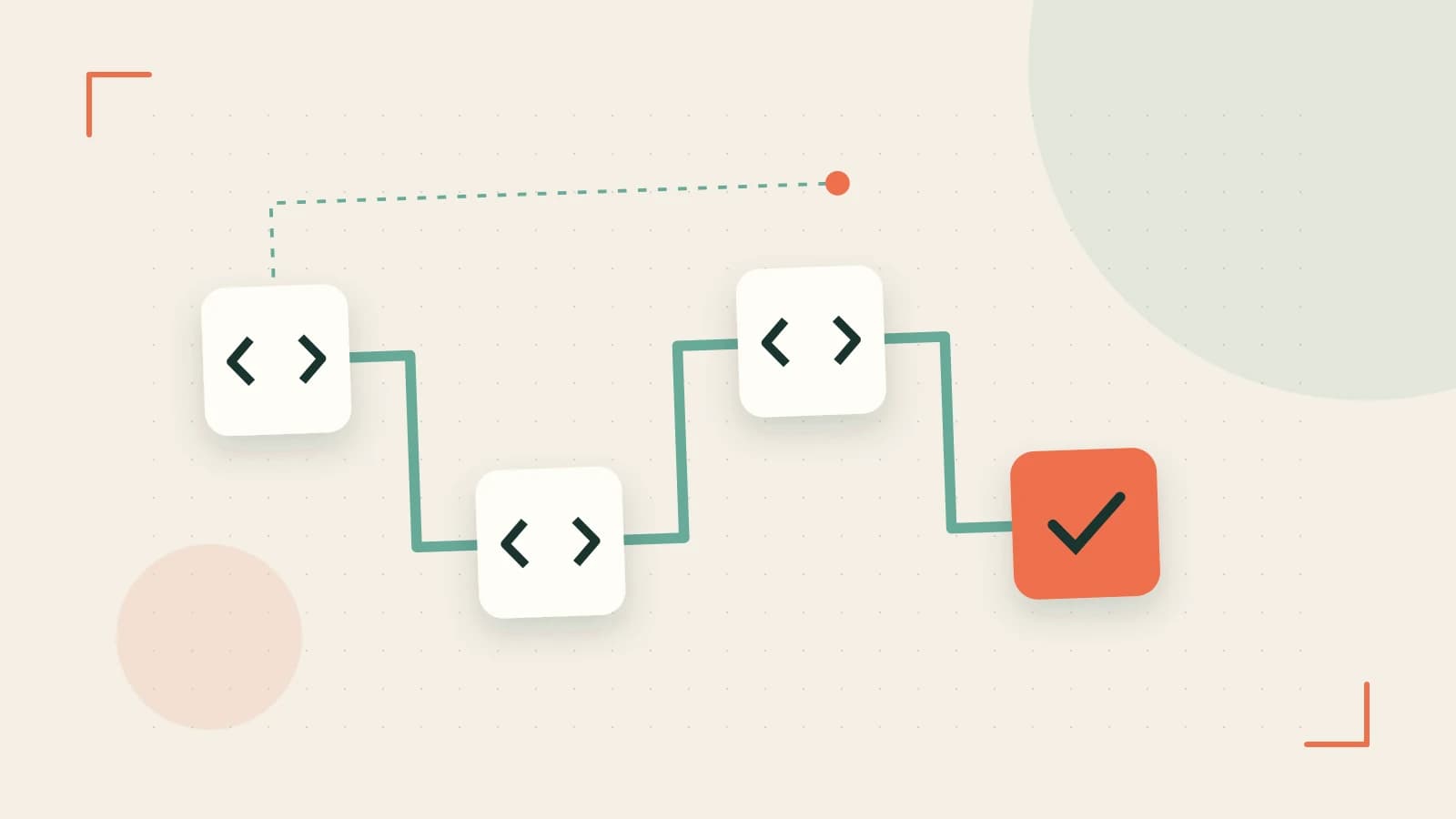 Editorial illustration of a branching build pipeline, staged transformations and a completed check