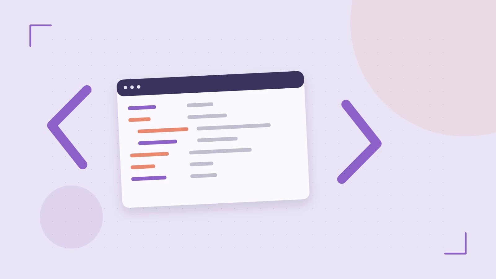 Editorial illustration of an abstract code editor, syntax blocks and oversized programming brackets