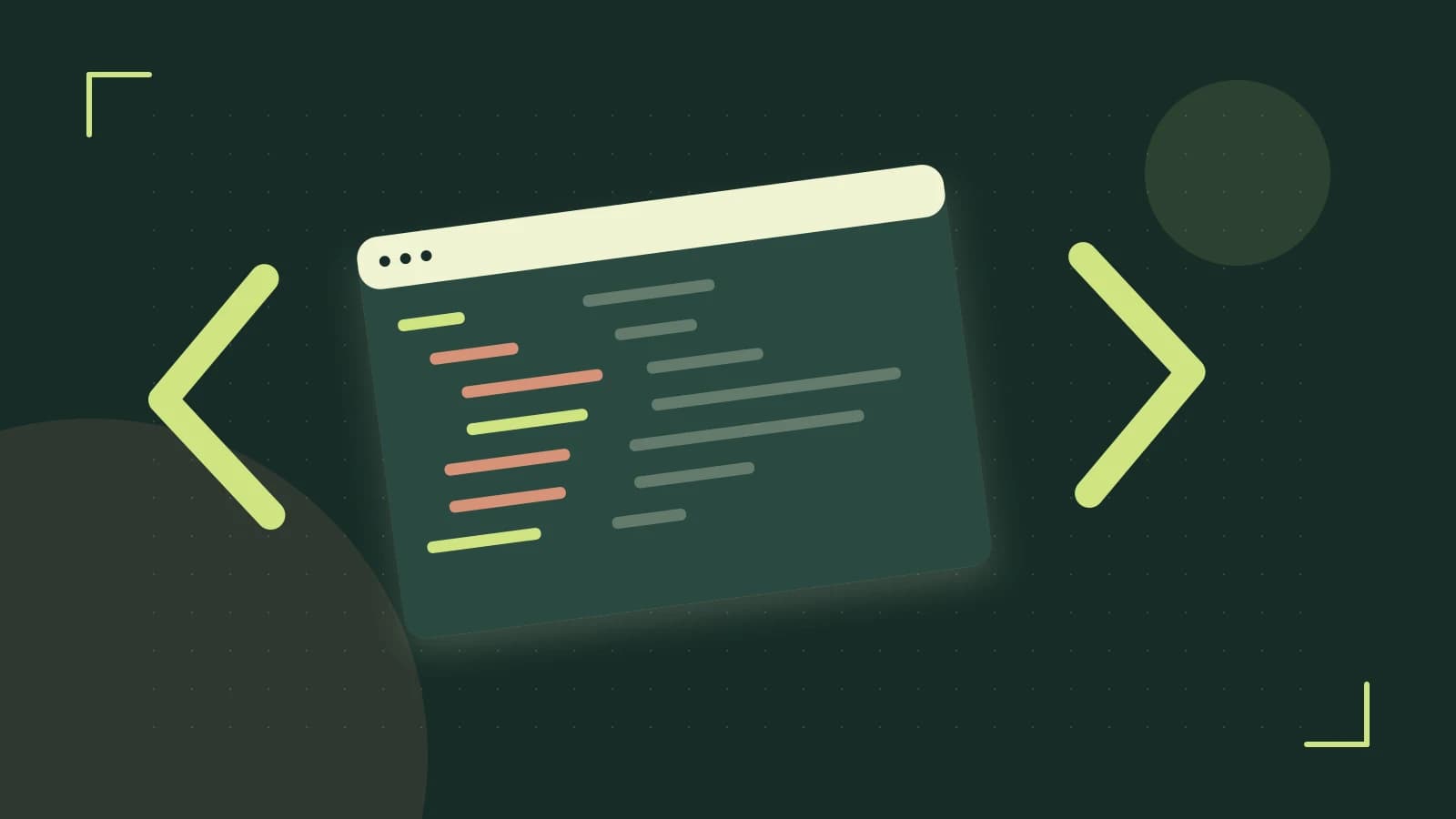 Editorial illustration of an abstract code editor, syntax blocks and oversized programming brackets