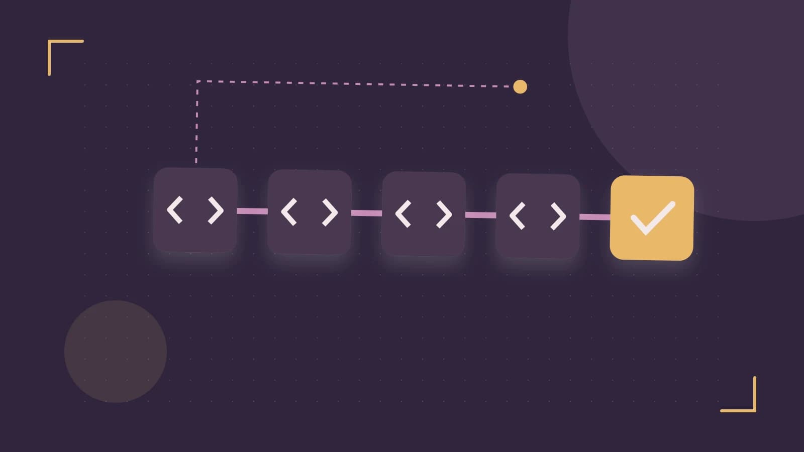 Editorial illustration of a branching build pipeline, staged transformations and a completed check