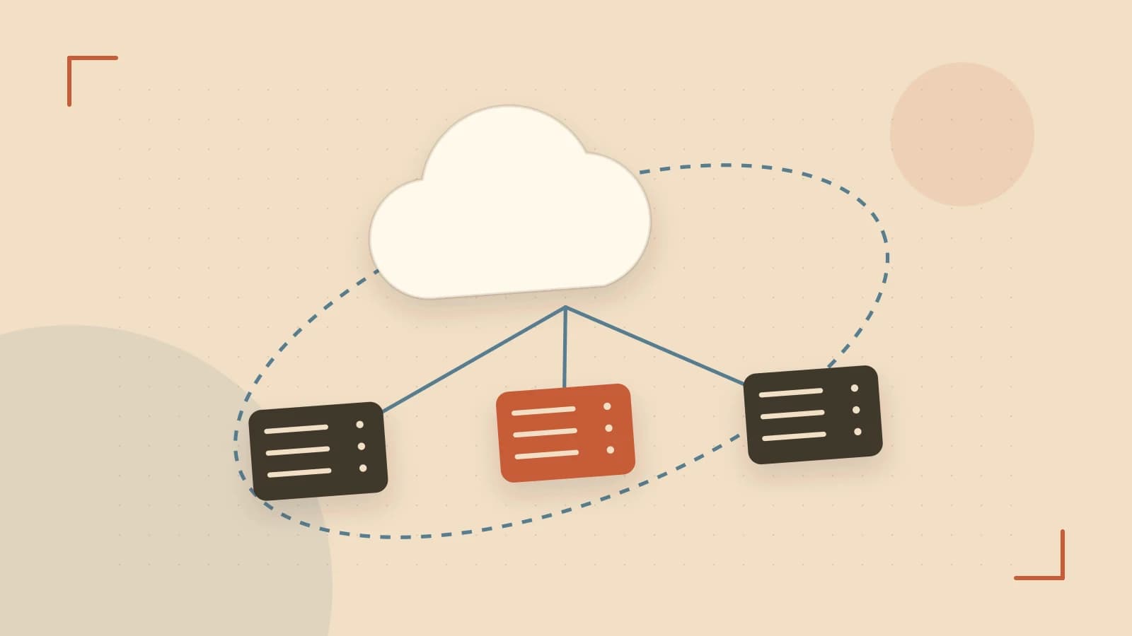 Editorial illustration of cloud infrastructure, connected server racks and an orbital service map