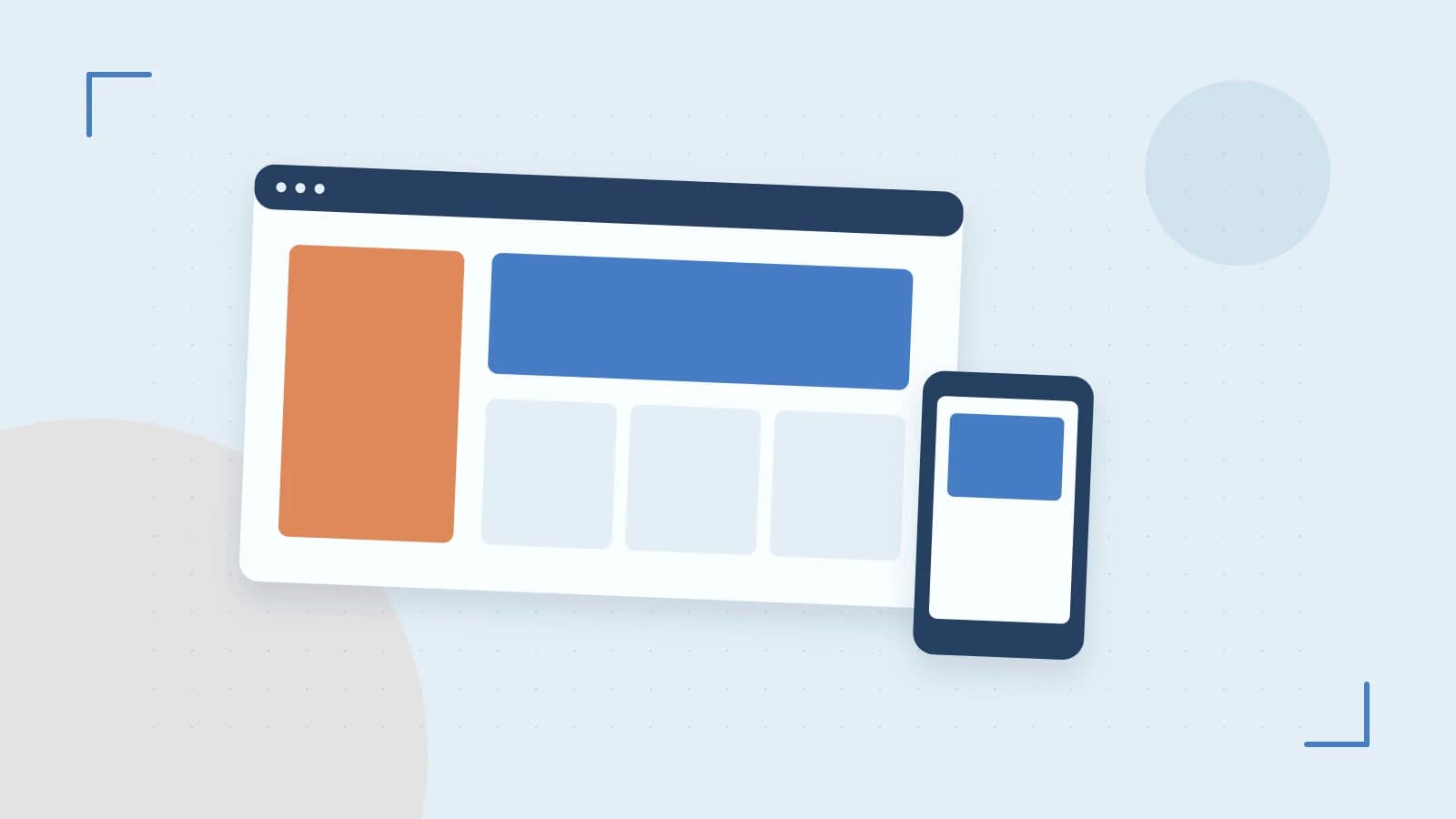Editorial illustration of responsive browser layouts, overlapping design components and a color system