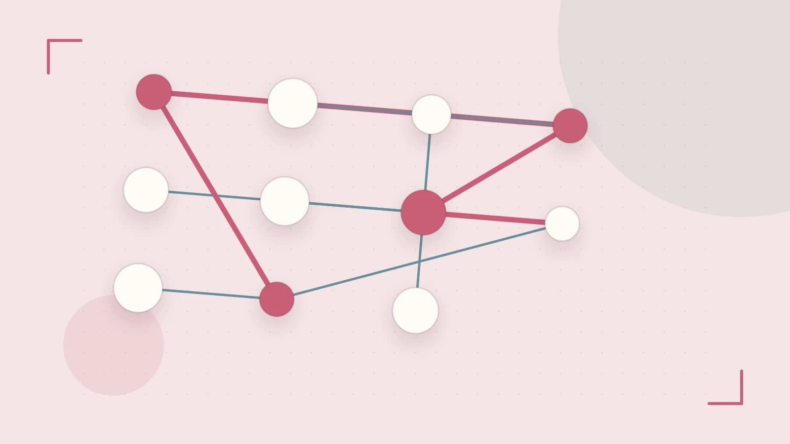 Editorial illustration of an algorithmic node graph with branching paths and a highlighted result