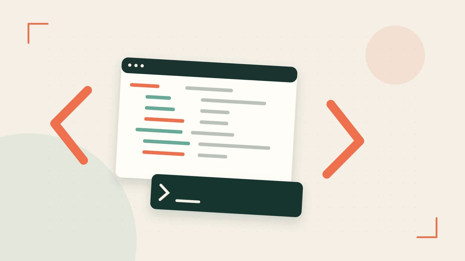 Editorial illustration of an abstract code editor, syntax blocks and oversized programming brackets