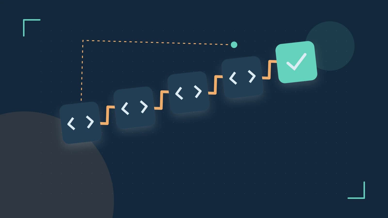 Editorial illustration of a branching build pipeline, staged transformations and a completed check
