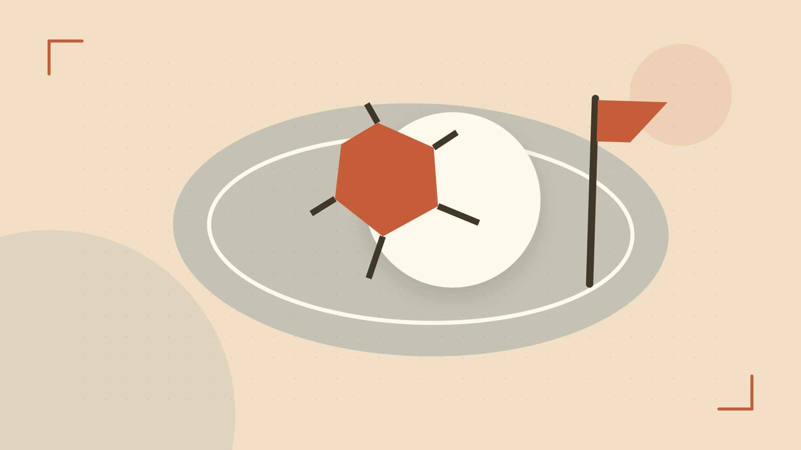 Editorial illustration of a stylized sports ball, stadium geometry and dynamic arcs