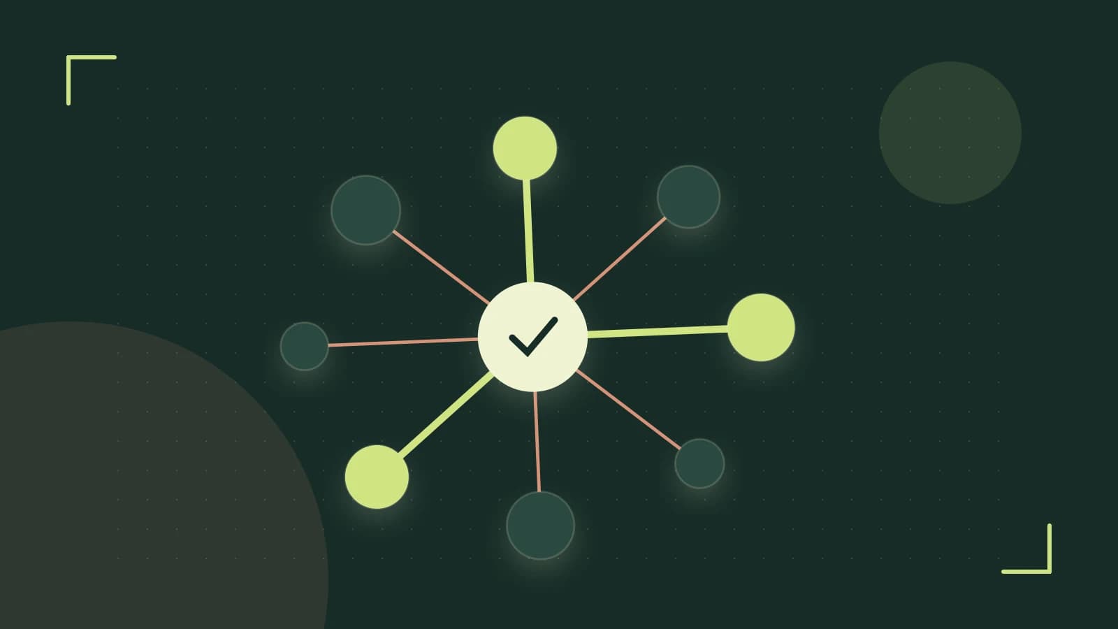 Editorial illustration of an algorithmic node graph with branching paths and a highlighted result