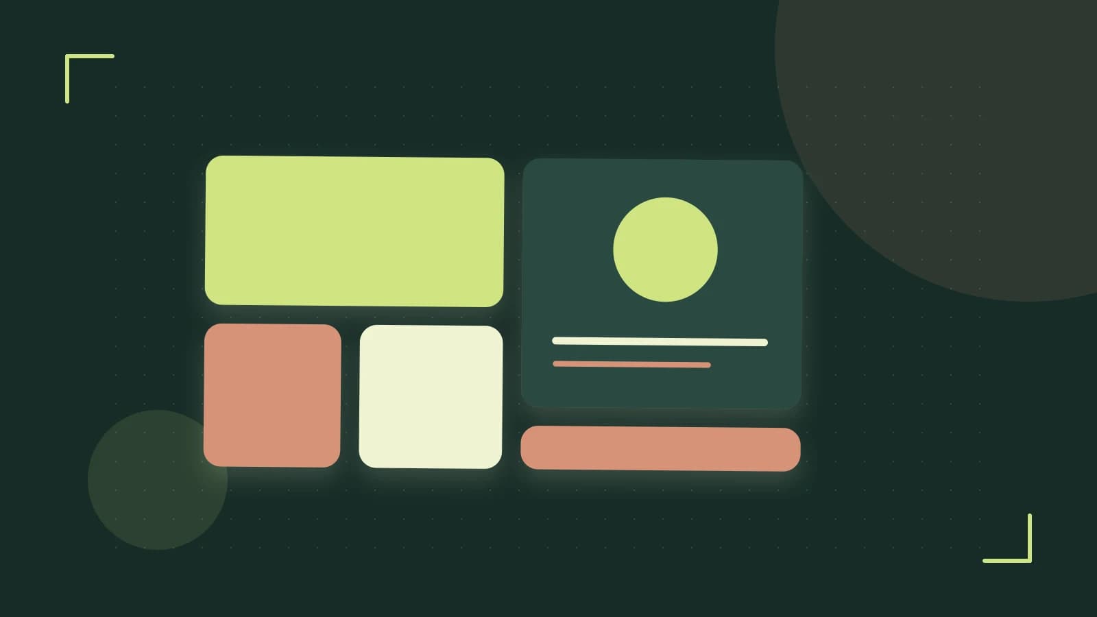 Editorial illustration of responsive browser layouts, overlapping design components and a color system