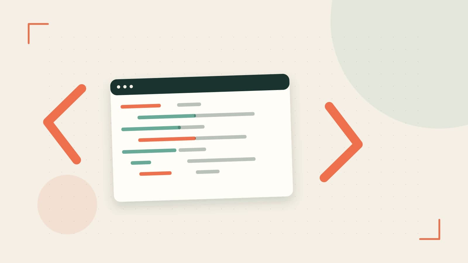 Editorial illustration of an abstract code editor, syntax blocks and oversized programming brackets