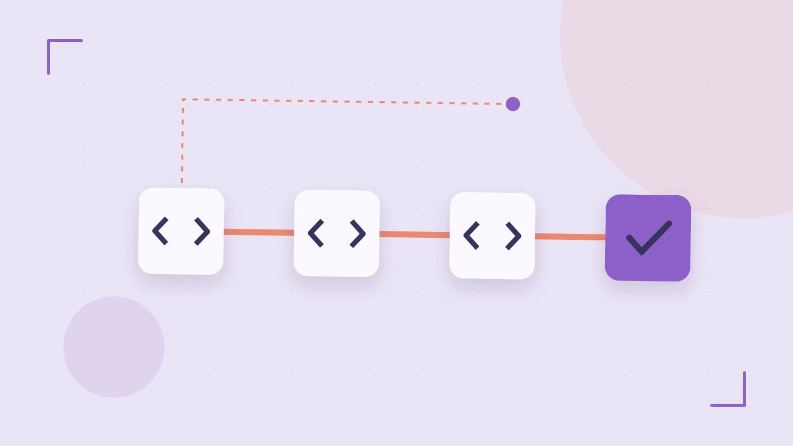 Editorial illustration of a branching build pipeline, staged transformations and a completed check