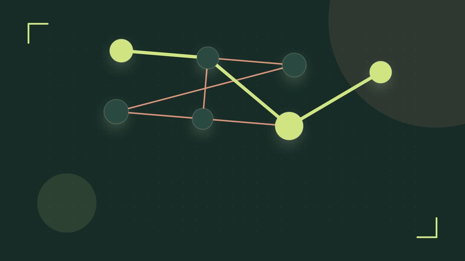 Editorial illustration of an algorithmic node graph with branching paths and a highlighted result