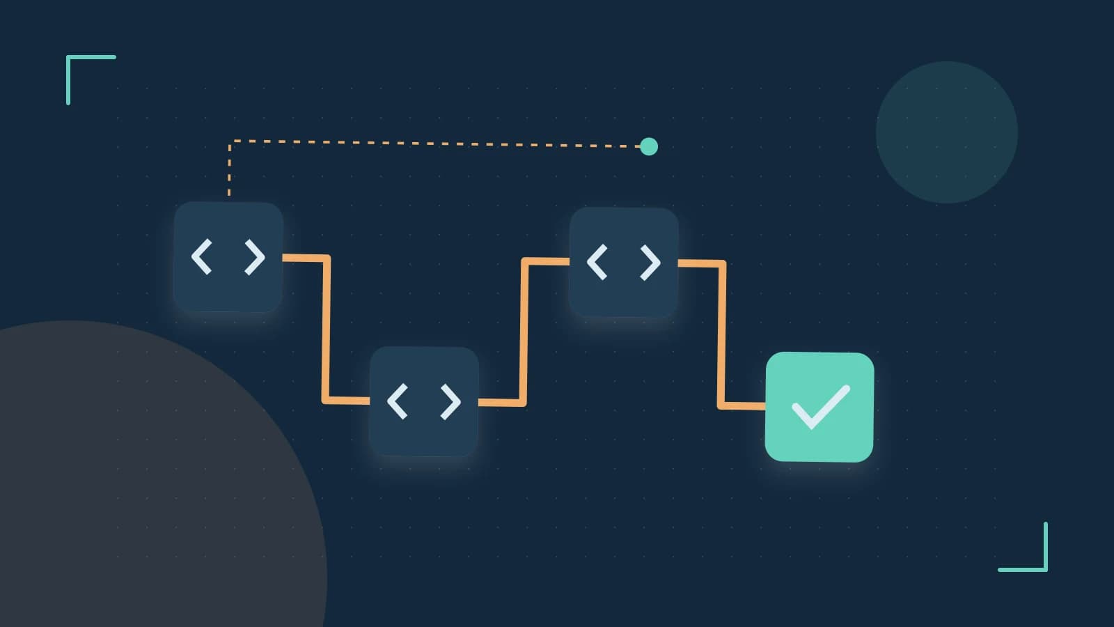 Editorial illustration of a branching build pipeline, staged transformations and a completed check