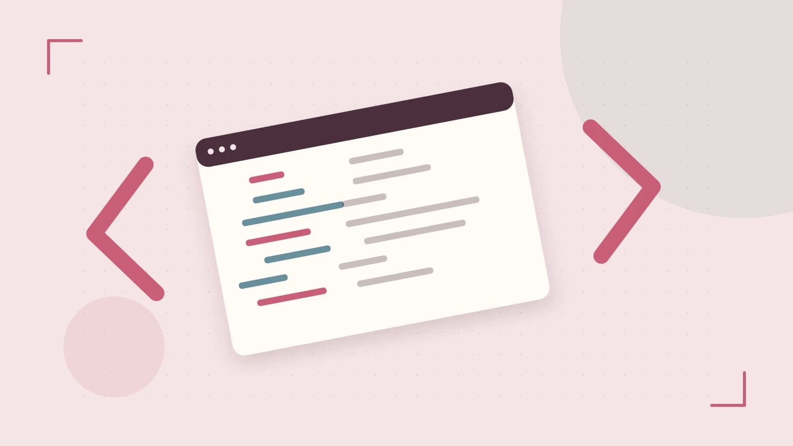 Editorial illustration of an abstract code editor, syntax blocks and oversized programming brackets