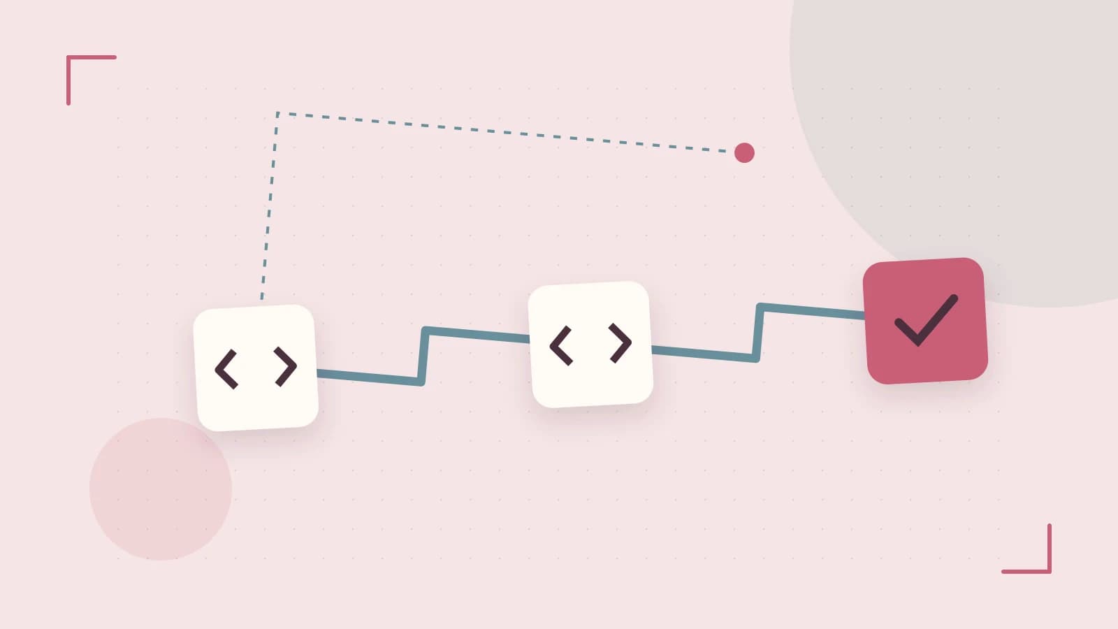 Editorial illustration of a branching build pipeline, staged transformations and a completed check