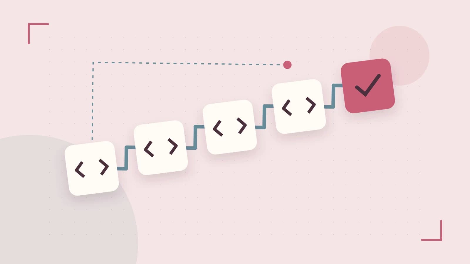 Editorial illustration of a branching build pipeline, staged transformations and a completed check