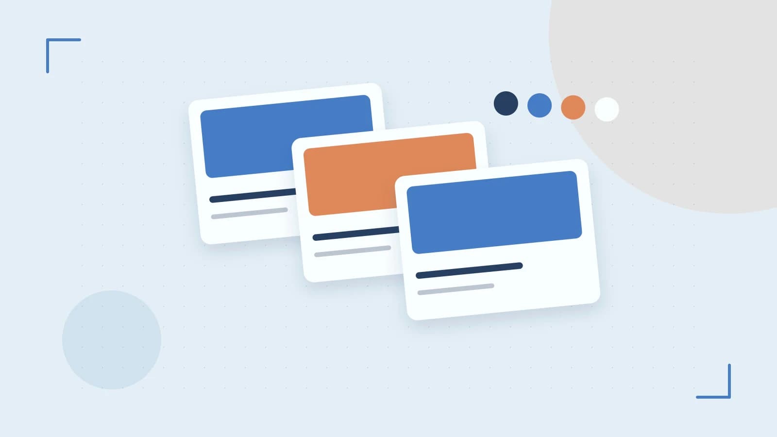 Editorial illustration of responsive browser layouts, overlapping design components and a color system