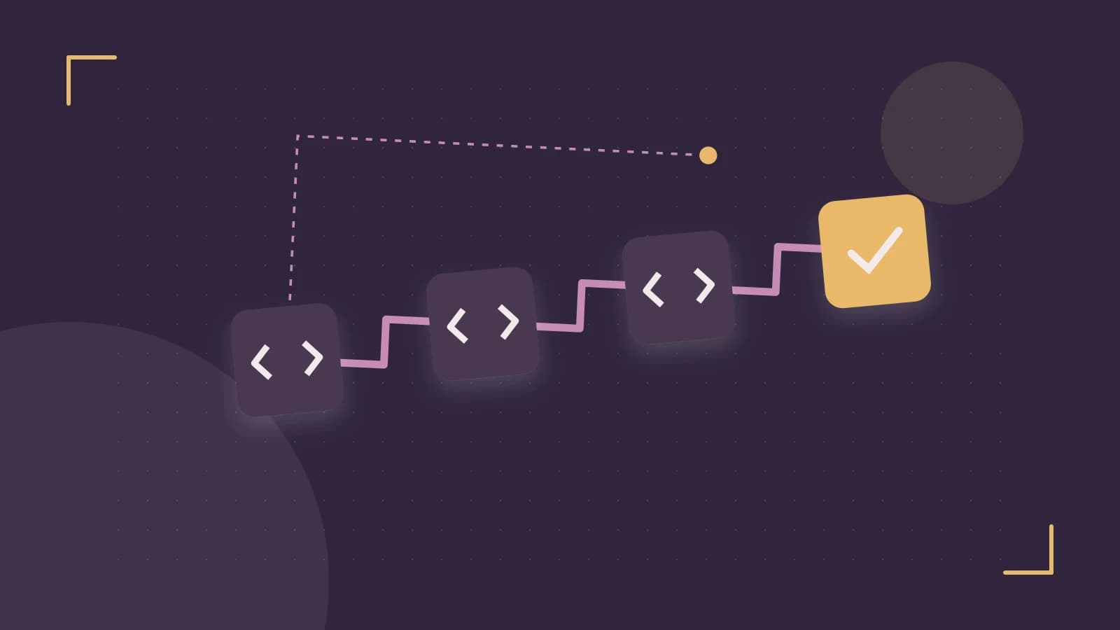 Editorial illustration of a branching build pipeline, staged transformations and a completed check