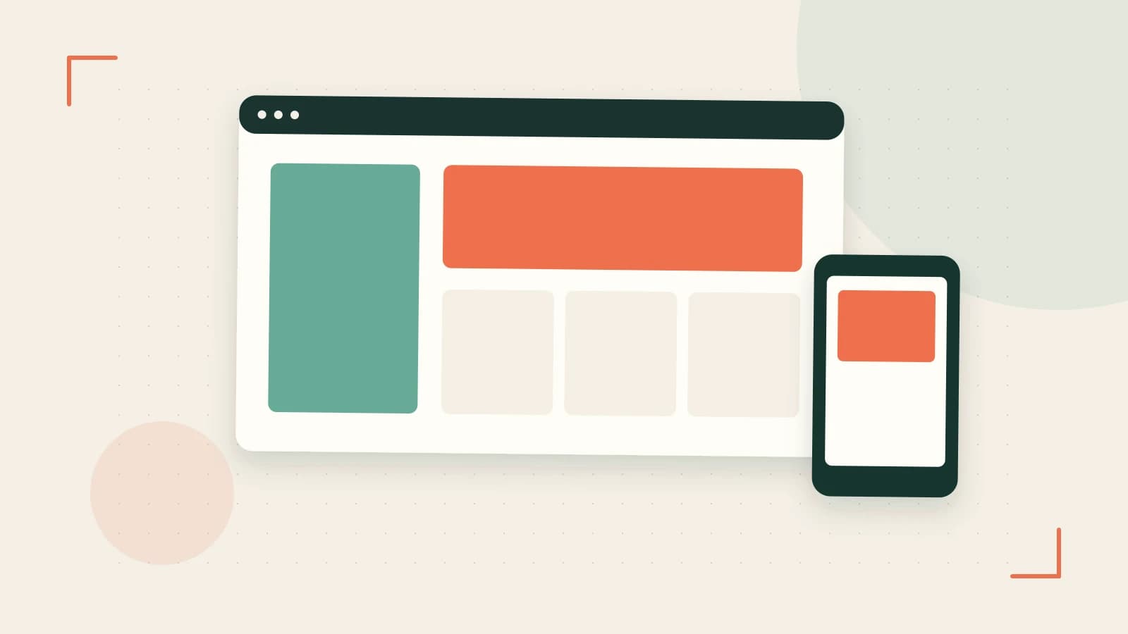 Editorial illustration of responsive browser layouts, overlapping design components and a color system