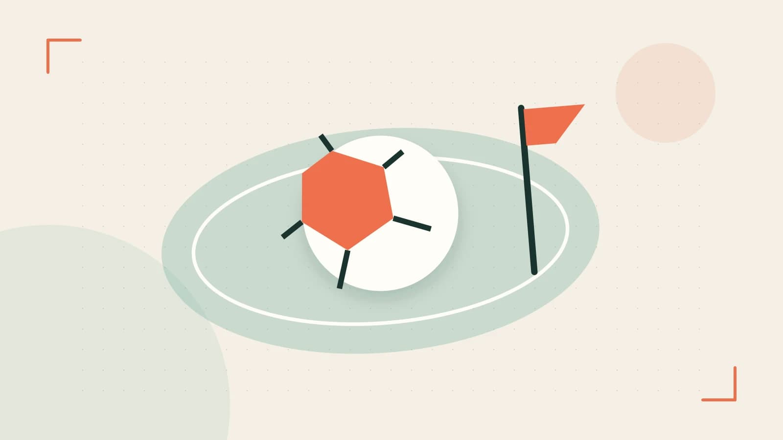 Editorial illustration of a stylized sports ball, stadium geometry and dynamic arcs