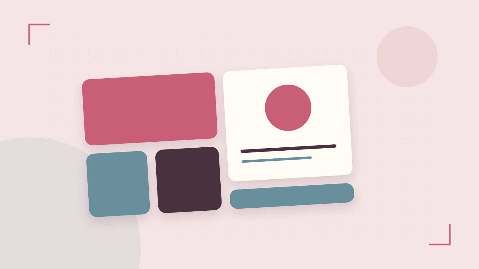 Editorial illustration of responsive browser layouts, overlapping design components and a color system