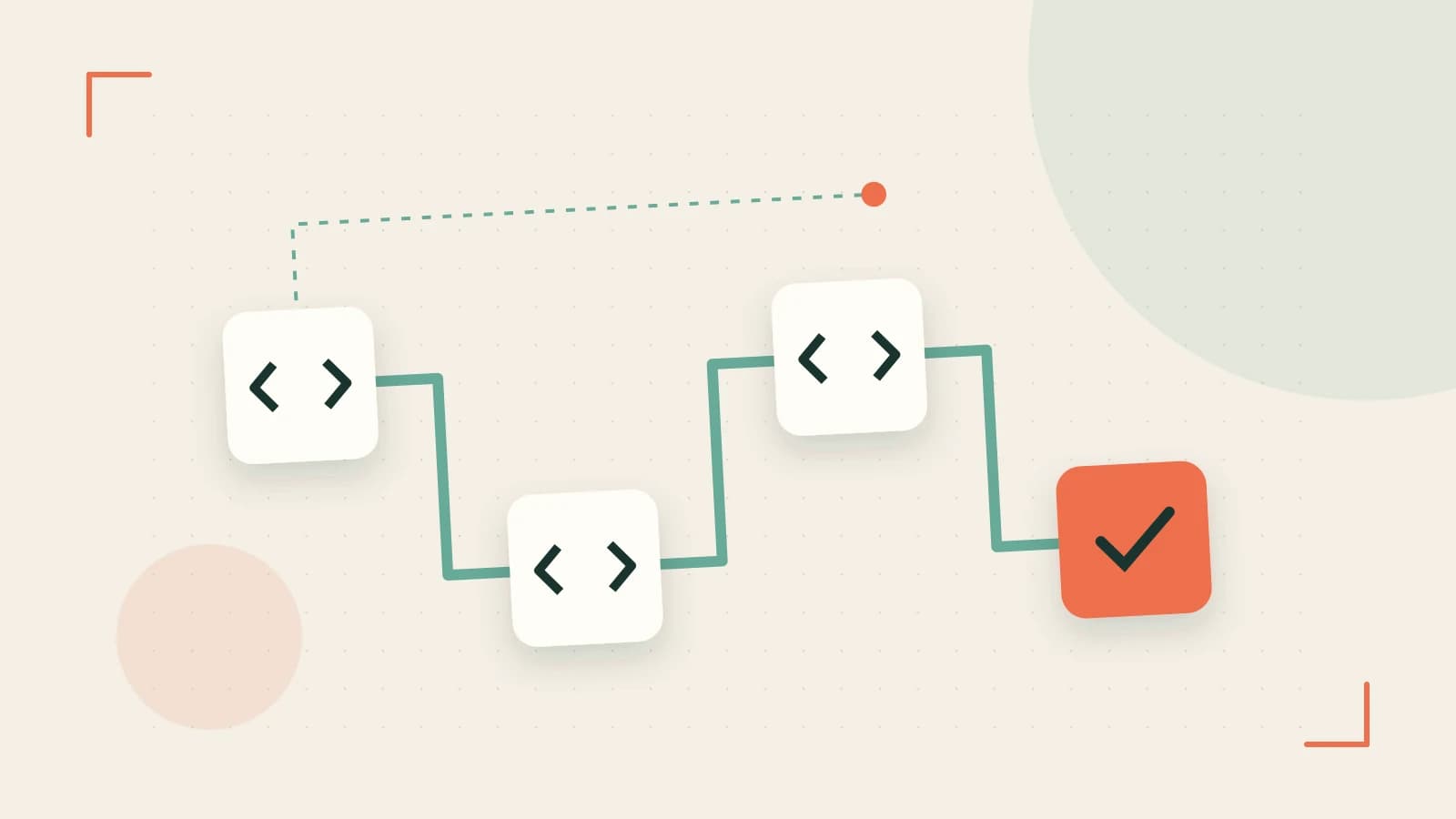 Editorial illustration of a branching build pipeline, staged transformations and a completed check