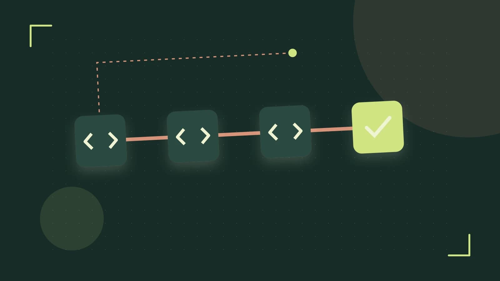 Editorial illustration of a branching build pipeline, staged transformations and a completed check