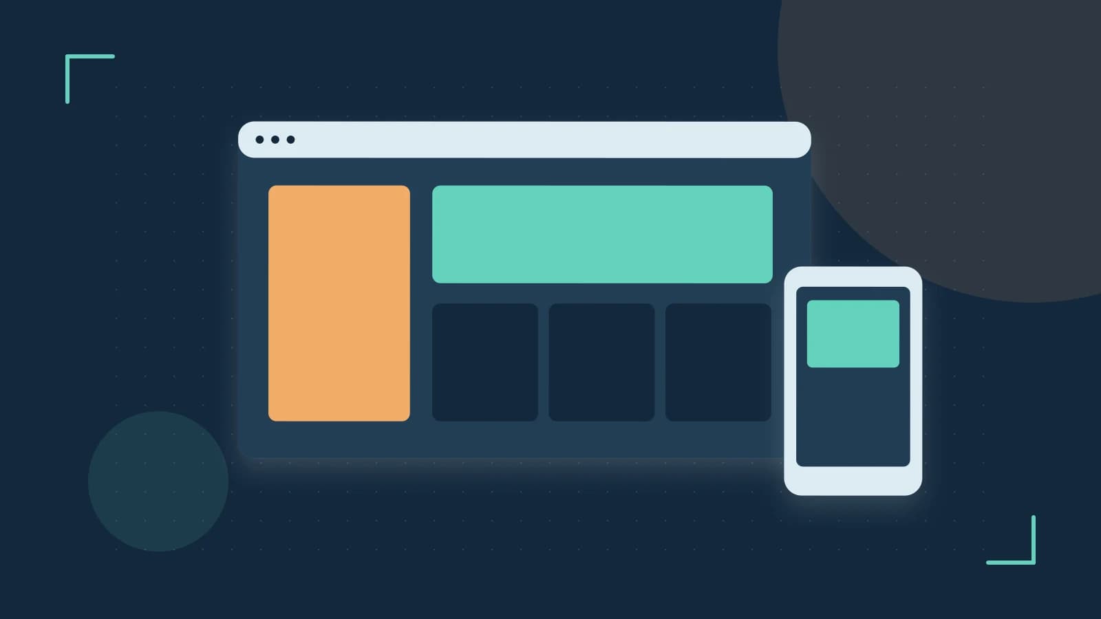 Editorial illustration of responsive browser layouts, overlapping design components and a color system