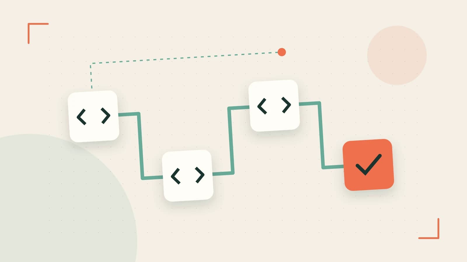 Editorial illustration of a branching build pipeline, staged transformations and a completed check