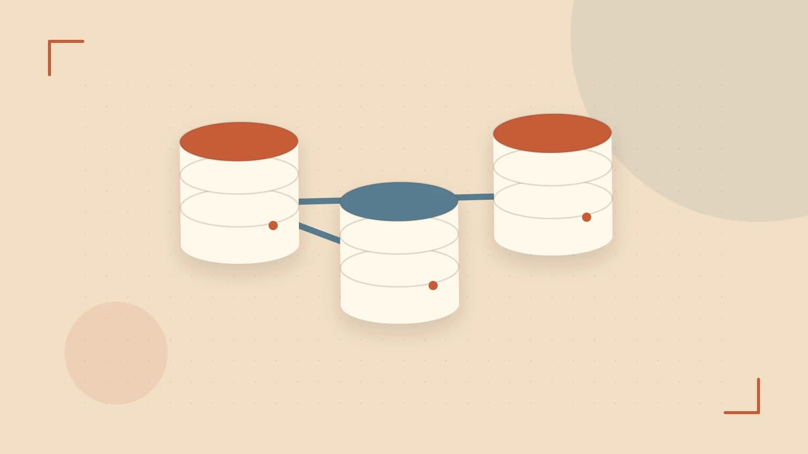 Editorial illustration of structured records, database cylinders and relationships between tables