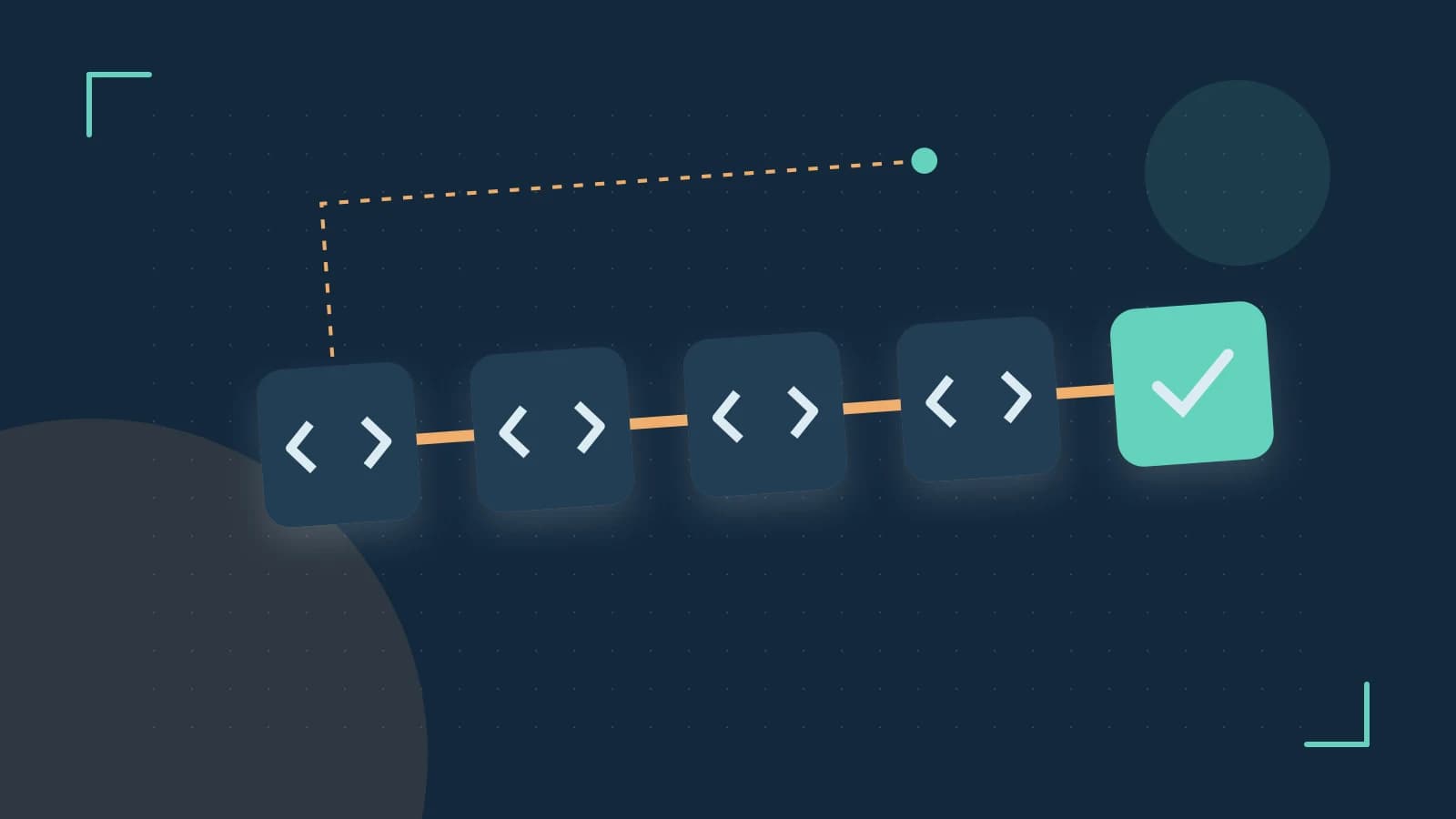 Editorial illustration of a branching build pipeline, staged transformations and a completed check