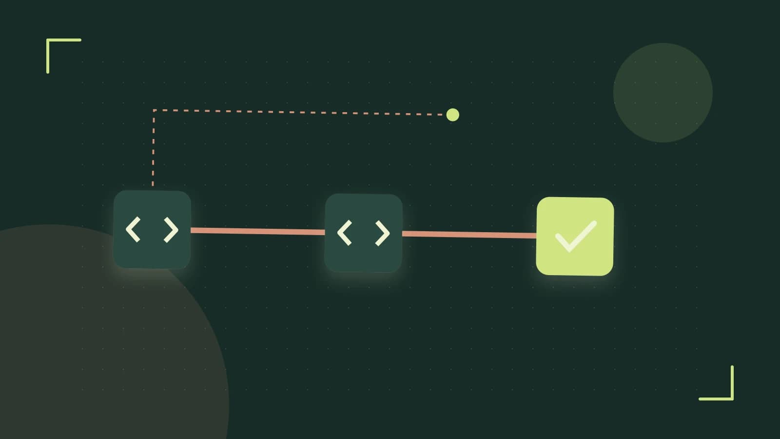 Editorial illustration of a branching build pipeline, staged transformations and a completed check