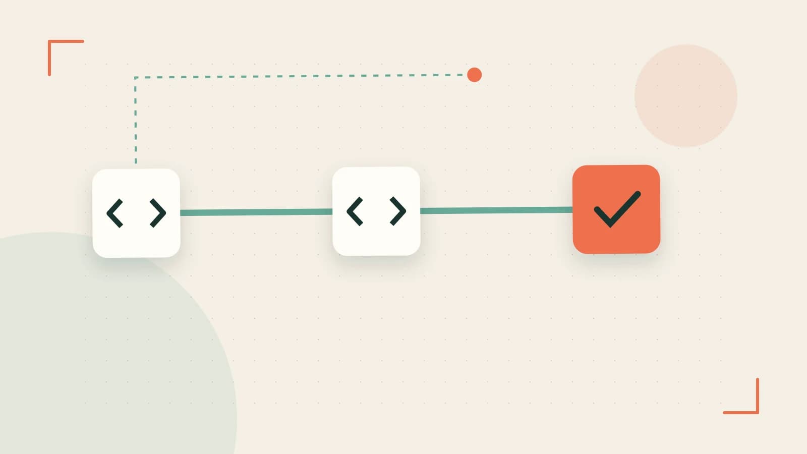 Editorial illustration of a branching build pipeline, staged transformations and a completed check