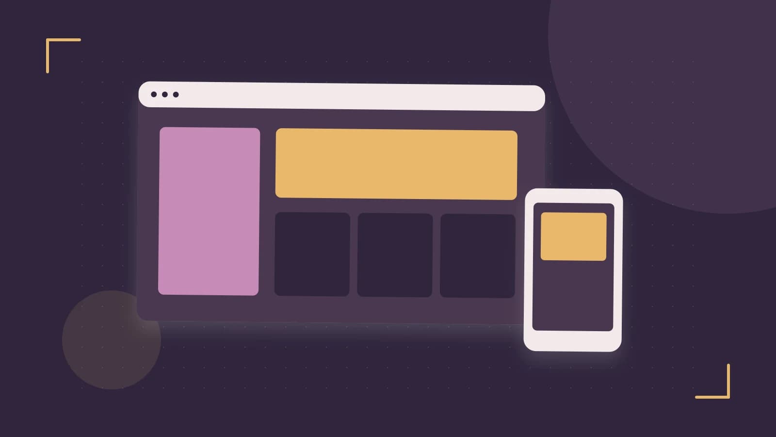 Editorial illustration of responsive browser layouts, overlapping design components and a color system