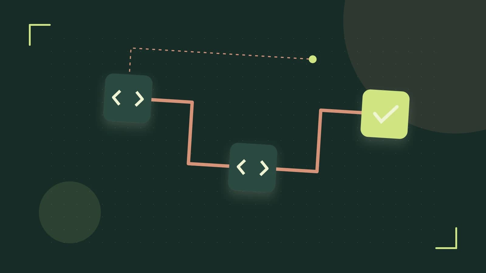 Editorial illustration of a branching build pipeline, staged transformations and a completed check