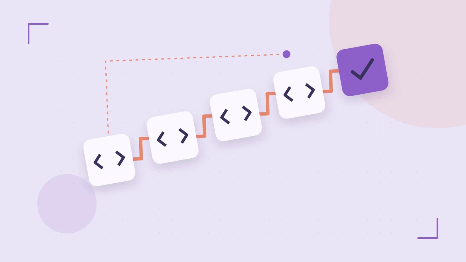 Editorial illustration of a branching build pipeline, staged transformations and a completed check