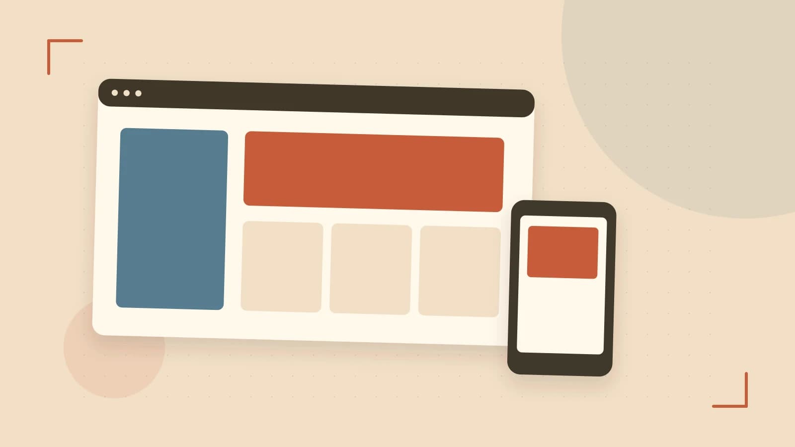 Editorial illustration of responsive browser layouts, overlapping design components and a color system