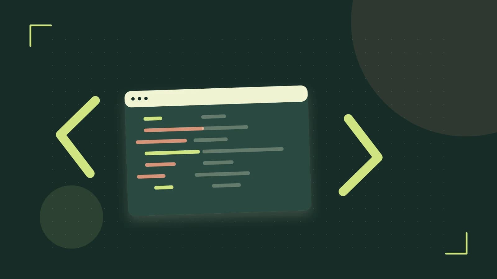 Editorial illustration of an abstract code editor, syntax blocks and oversized programming brackets