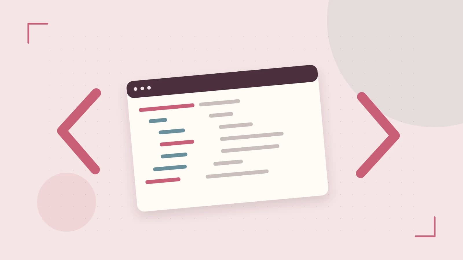 Editorial illustration of an abstract code editor, syntax blocks and oversized programming brackets