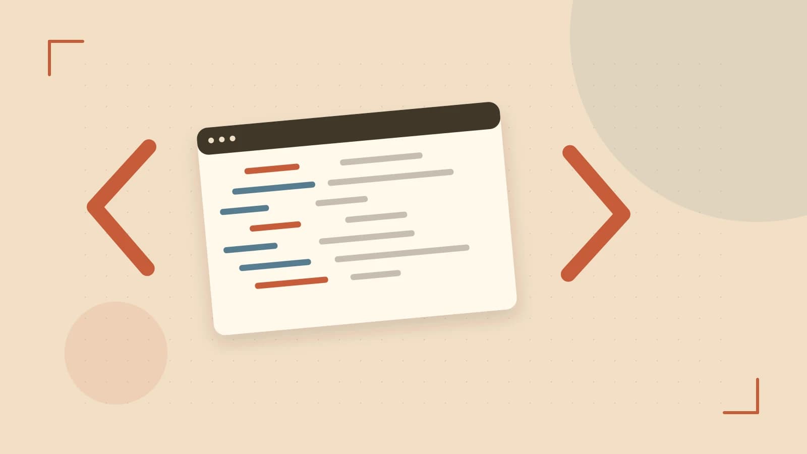 Editorial illustration of an abstract code editor, syntax blocks and oversized programming brackets