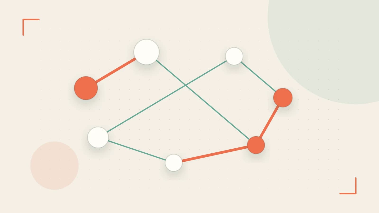 Editorial illustration of an algorithmic node graph with branching paths and a highlighted result